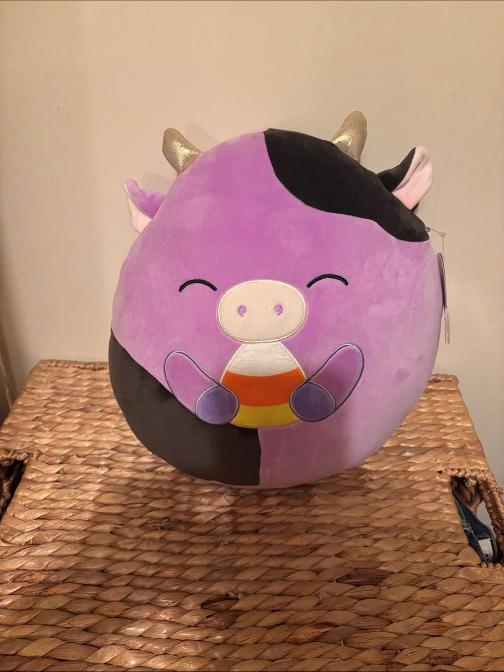 Squishmallows “Alexie” Purple Black Cow Holding Candy Corn Plush